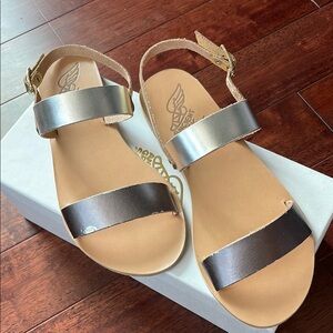 NIB Ancient Greek Sandals Clio 100% Leather Brown Silver Flat Sandals 7
